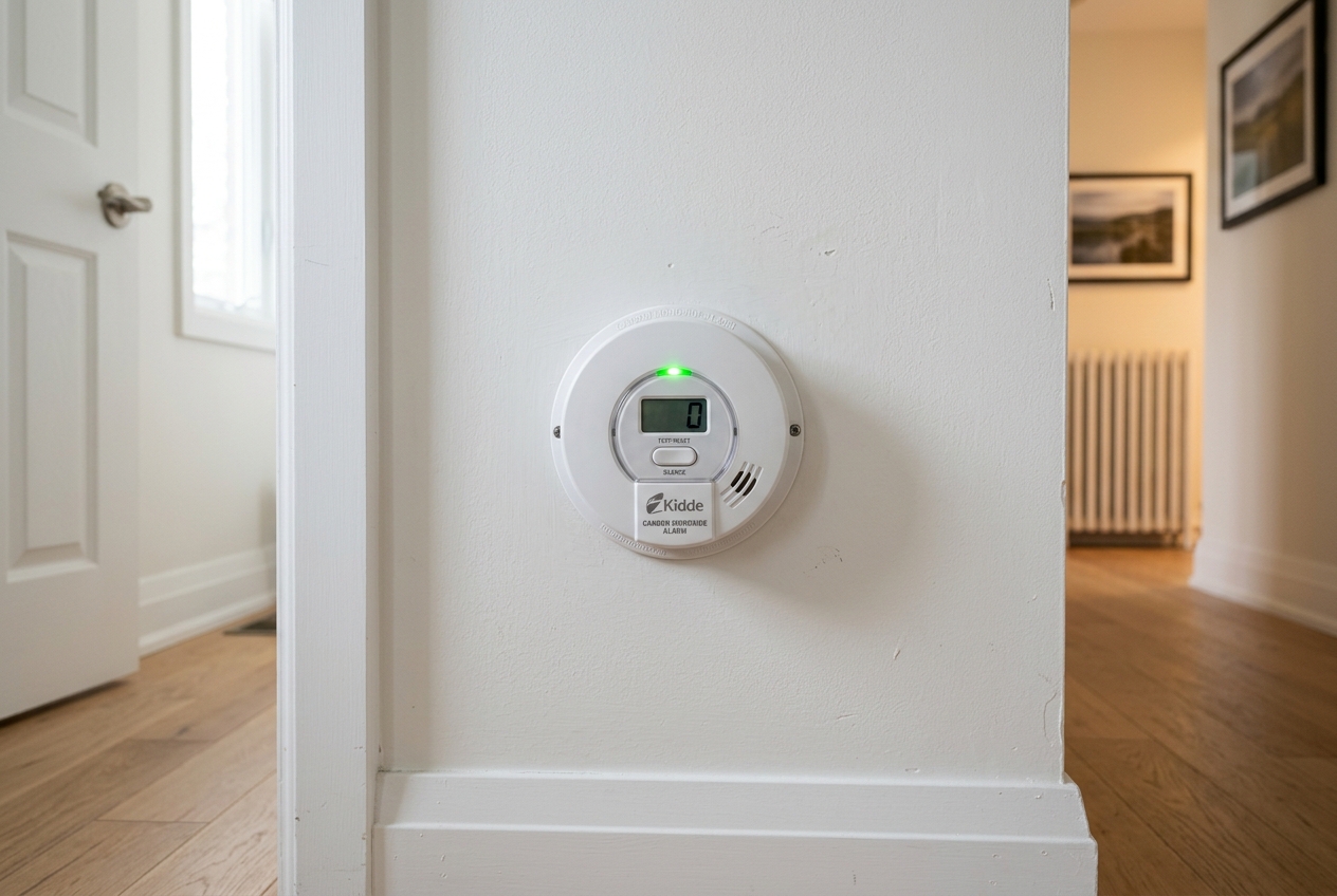 Wall-mounted carbon monoxide detector in a Toronto home