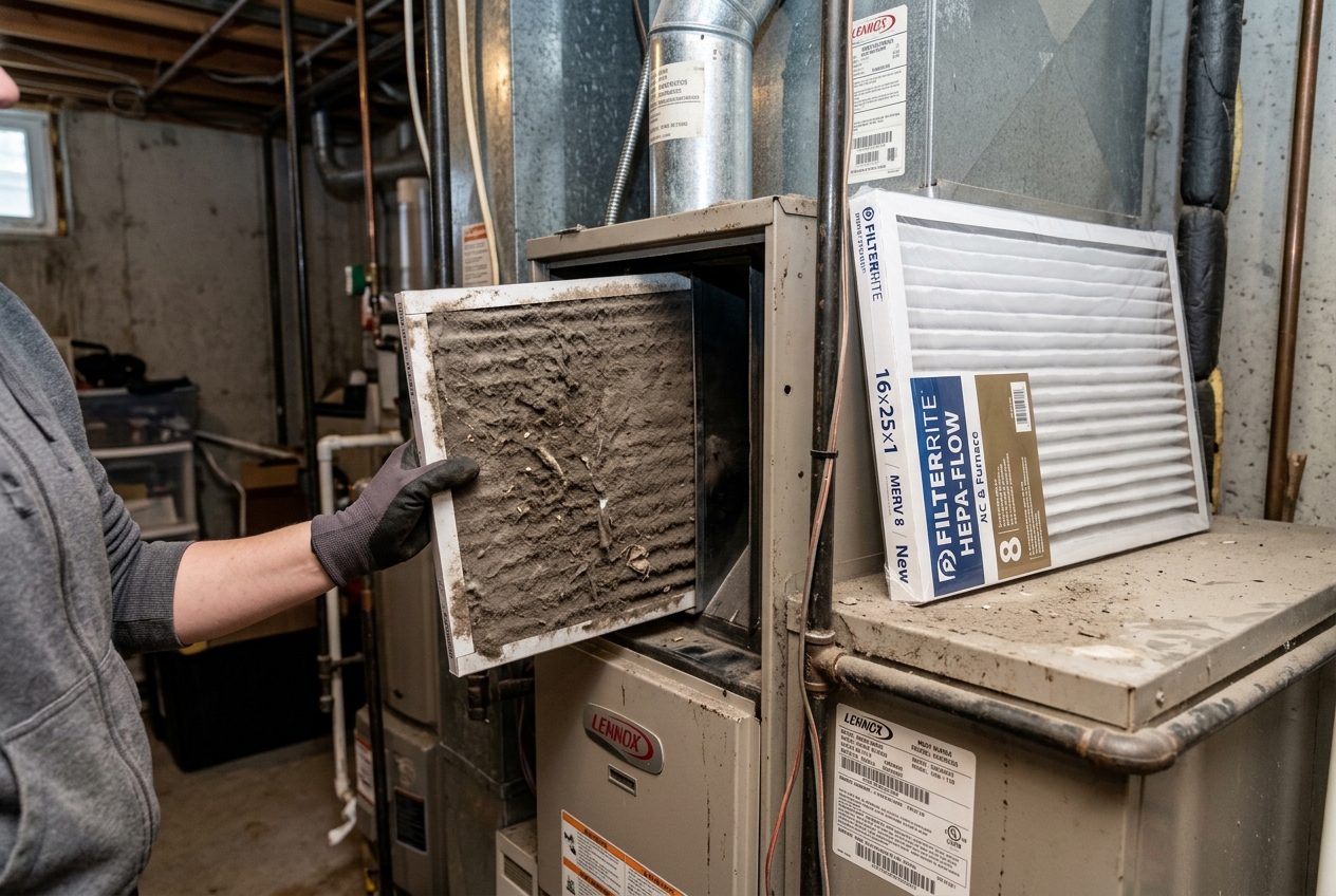 Dirty furnace filter being replaced with a new one