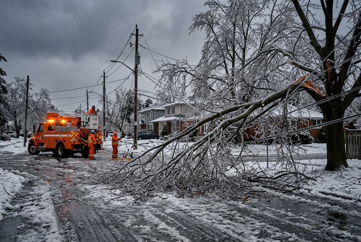 Ontario ice storm with ice-covered power lines