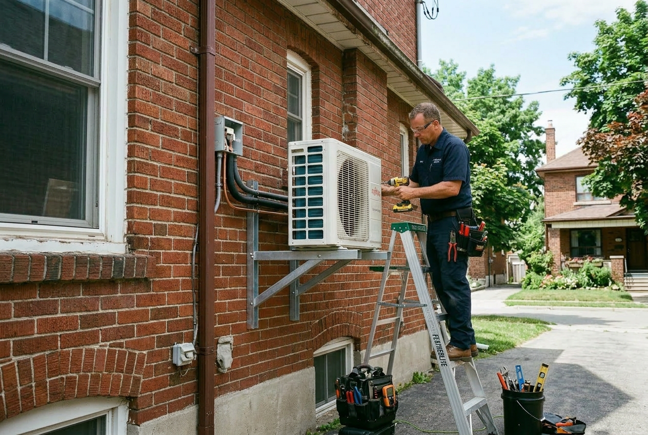Ductless Mini-Split vs Central Air: Which Is Right for Your GTA Home? 1 Mini split Installation with Featherlite Ladder