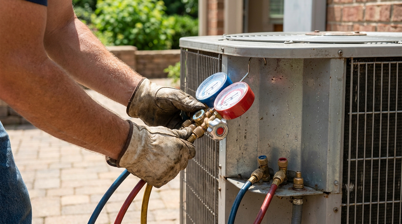 HVAC technician servicing air conditioner refrigerant