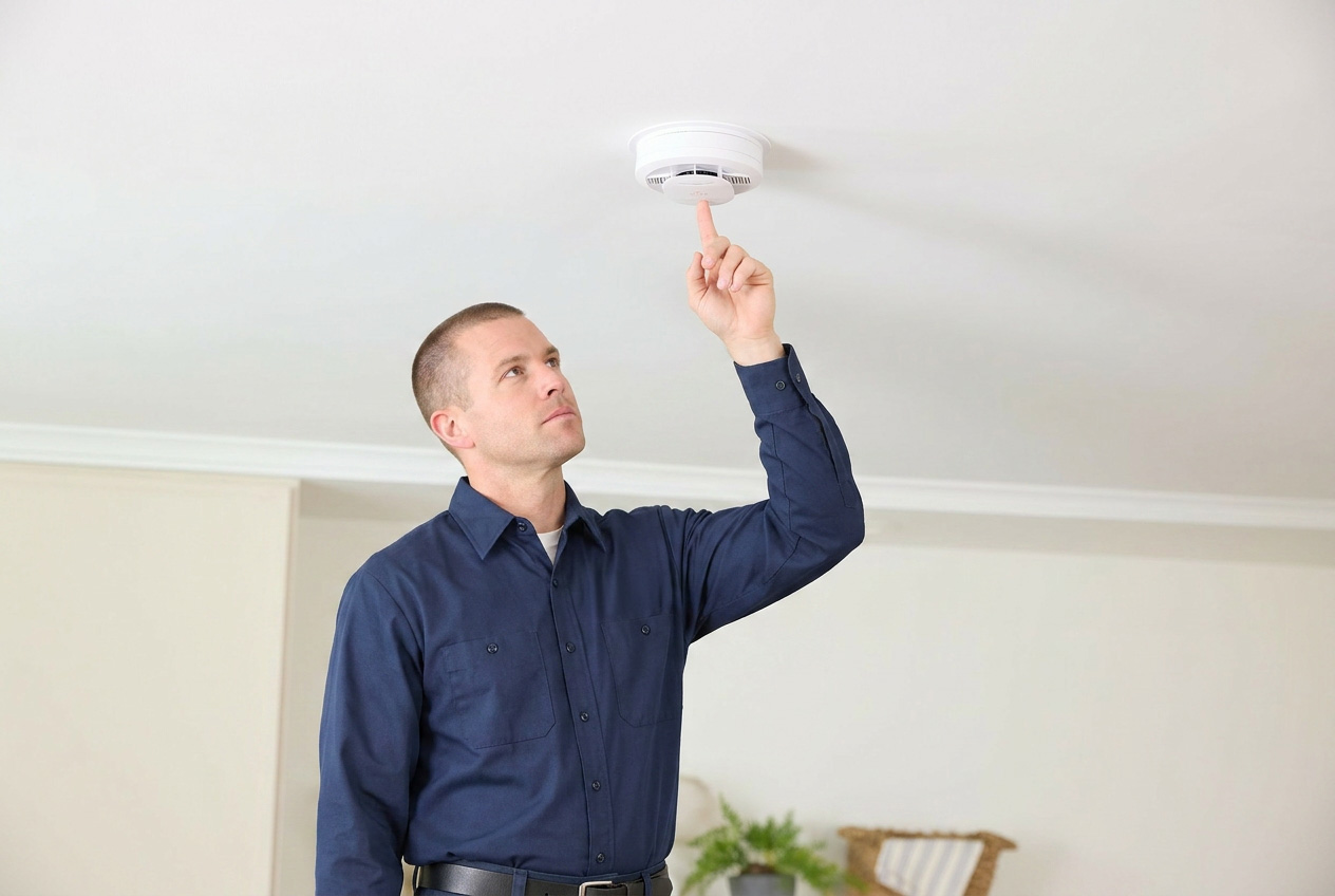 HVAC Technician Testing Smoke Detector
