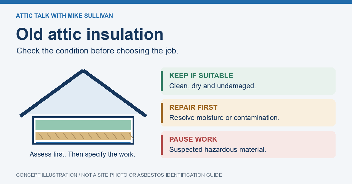 Illustrated attic decision guide: keep suitable insulation, address damage first, and pause for suspected hazardous material.
