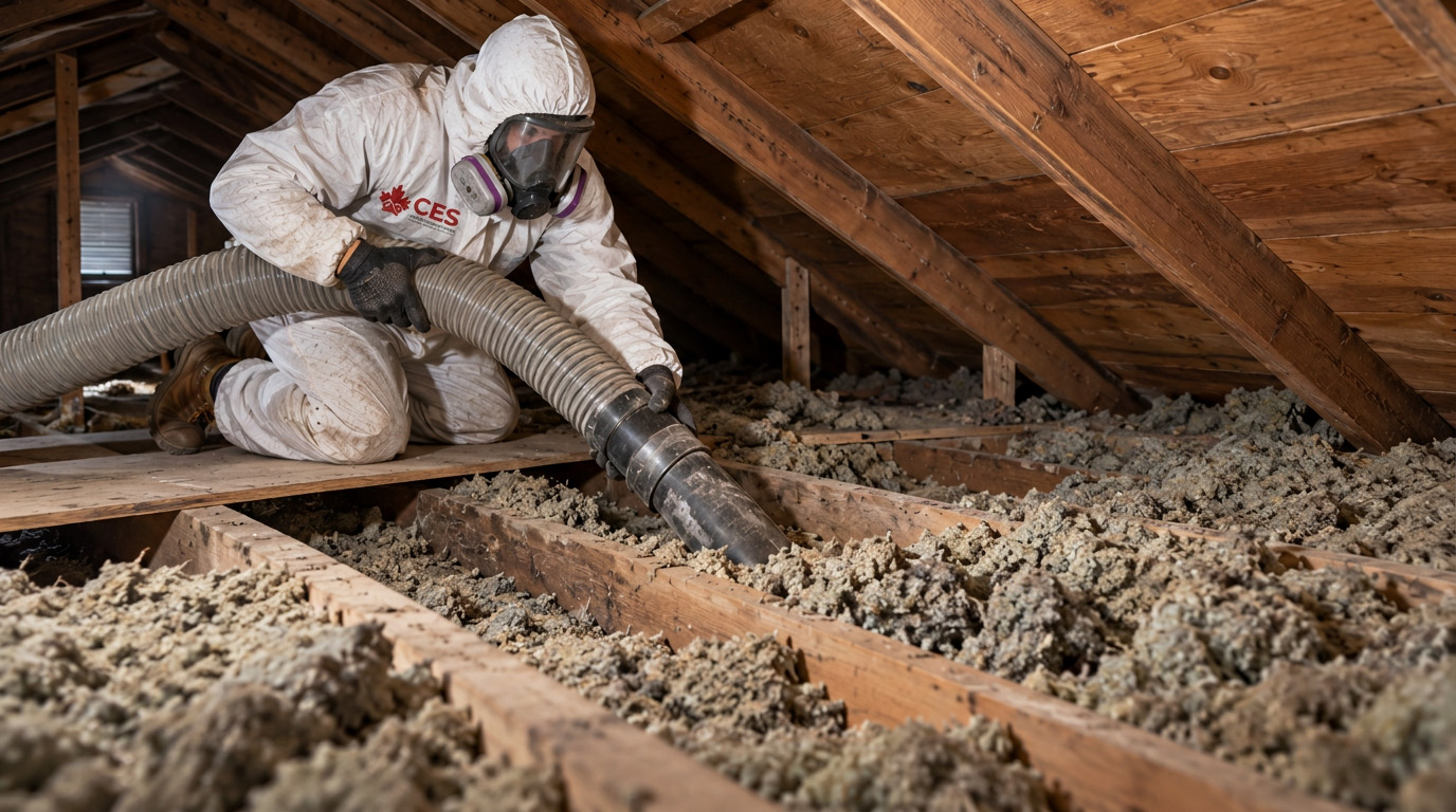 CES Insulation Worker remove the old attic insulation CES Insulation Worker remove the old attic insulation